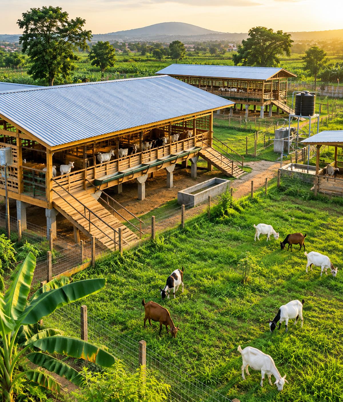 Raised livestock housing beside green pasture