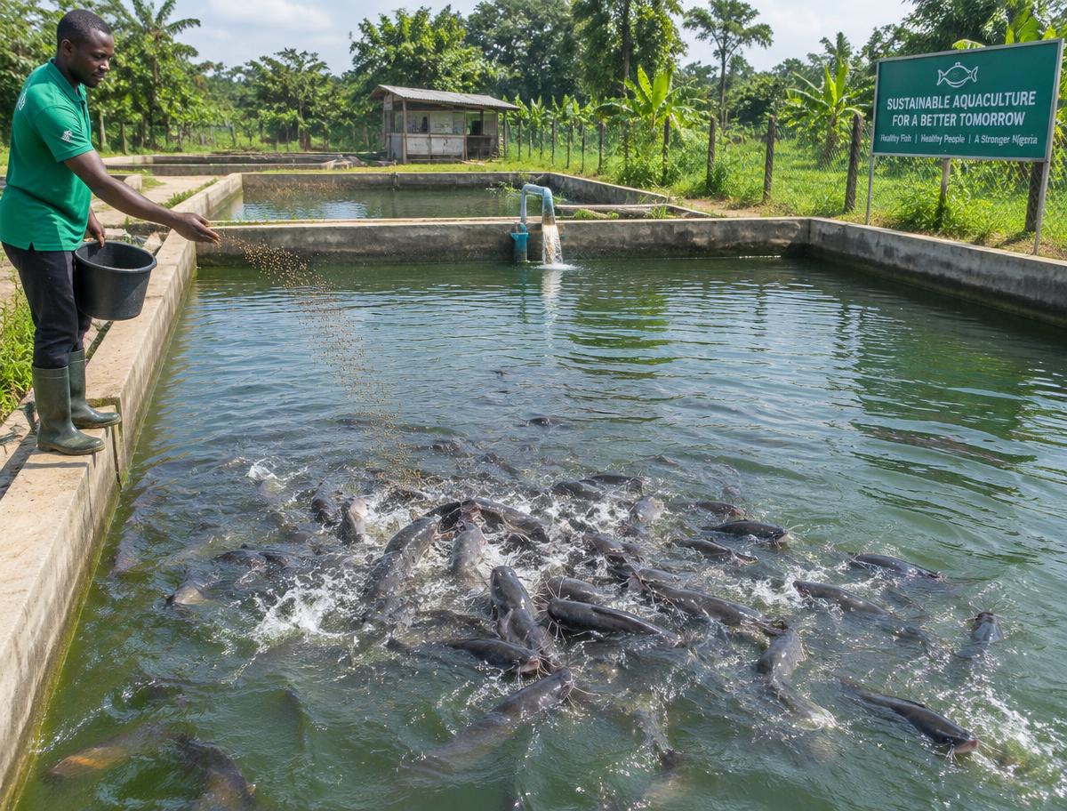 Fish being fed in a well-maintained pond