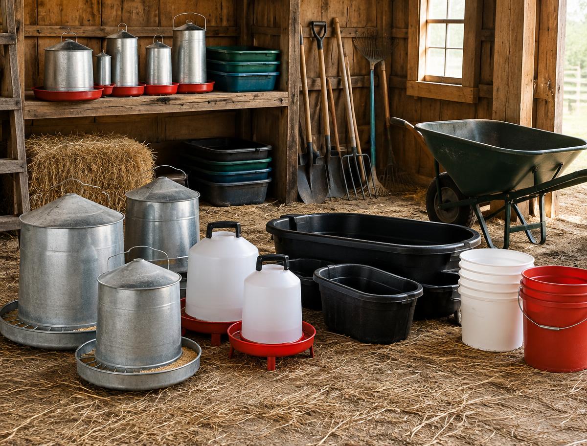 Poultry feeders, drinkers, troughs and farm tools in a barn